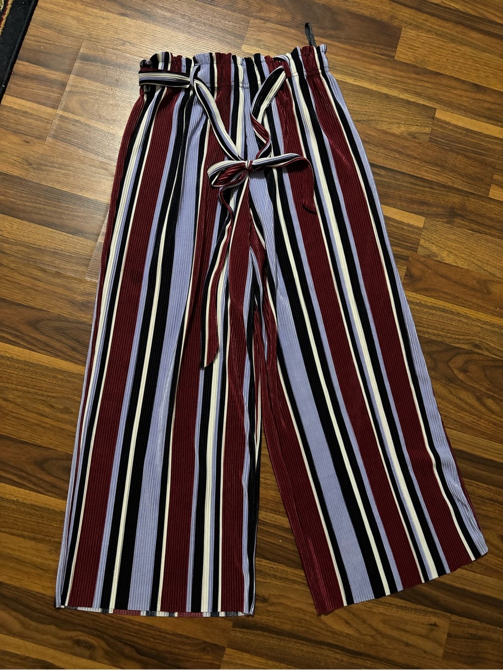 Primark Wide-Leg Cropped Pants in Burgundy, Black & Lilac Stripe